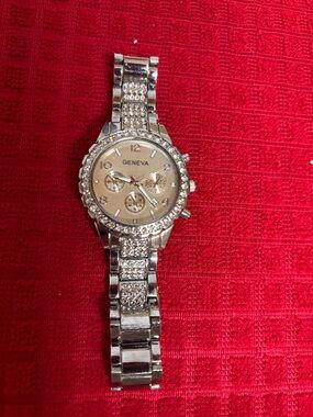 Geneva Silver Bracelet Watch with Gold Dial and Crystal Accents